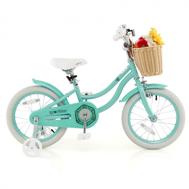 16-inch green kids bike with training wheels, adjustable seat, and front basket for dolls and snacks, perfect for.