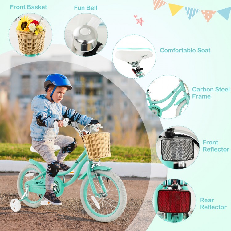 Kids bike with training wheels in green, featuring a front basket, comfortable seat, and durable carbon steel frame.