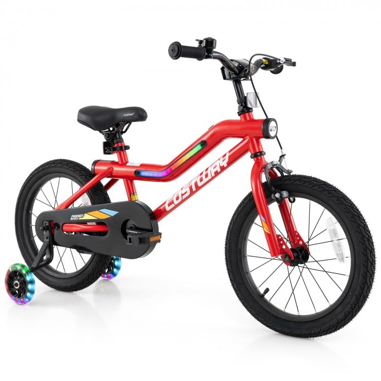 16-inch kids bike in red with LED lights, adjustable carbon steel frame, and training wheels for ages 4-7.