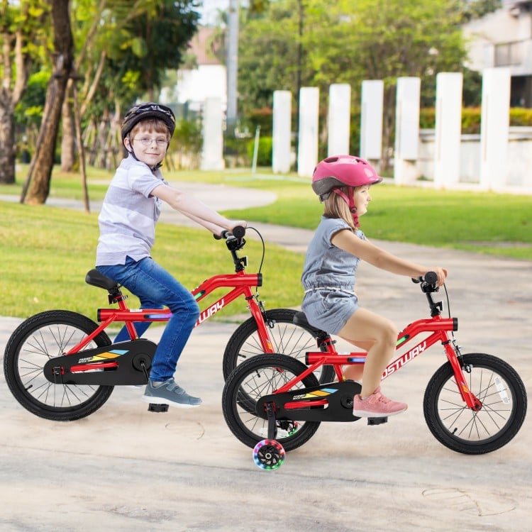 16-inch kids bike in red with LED lights, adjustable carbon steel frame, and training wheels for ages 4-7, perfect for.