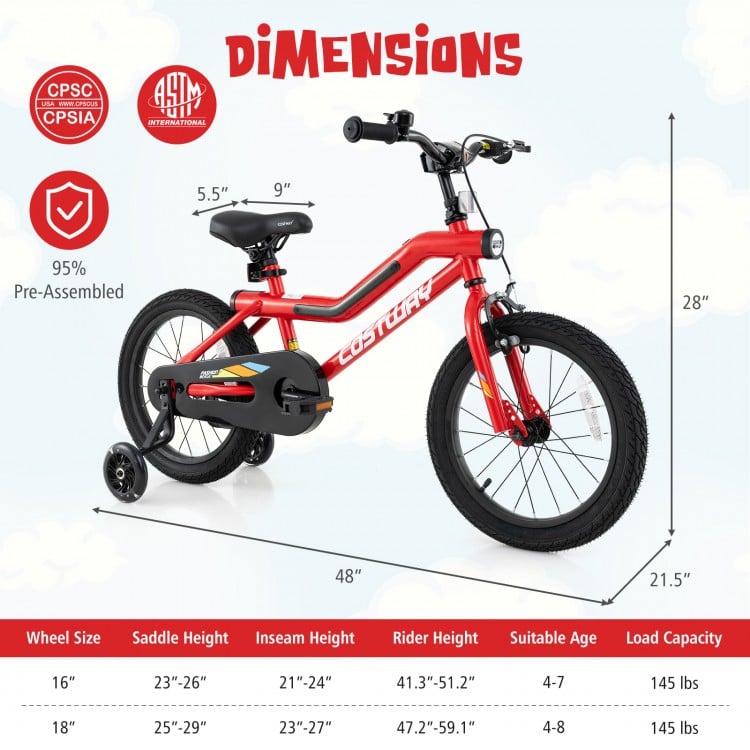 16-inch kids bike in red with adjustable seat, LED lights, training wheels, and carbon steel frame for ages 4-7.