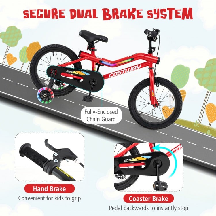 16-inch kids bike with carbon steel frame, LED lights, hand brake, and coaster brake for safe riding.