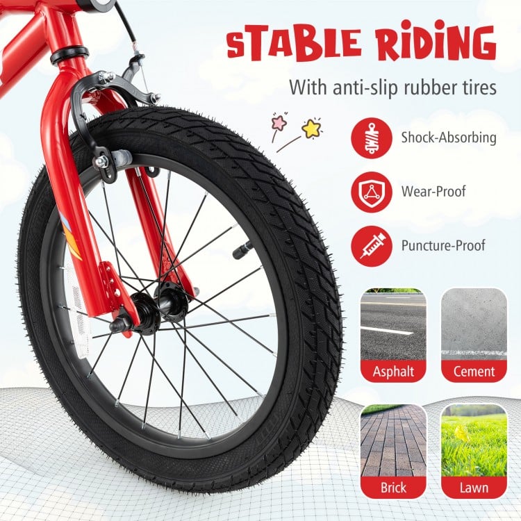 Close-up of the 16-inch kids bike tire featuring anti-slip rubber, shock-absorbing, wear-proof, and puncture-proof.