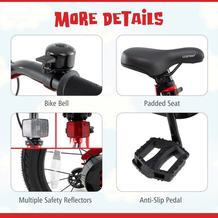 Close-up of the padded seat, bike bell, and multiple safety reflectors on the 16-inch kids bike for enhanced riding.