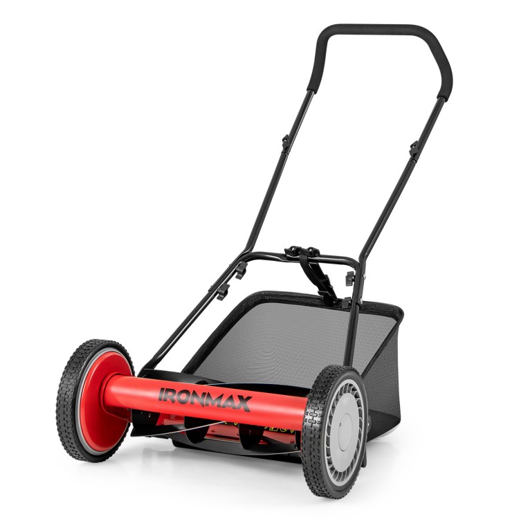 16-inch push lawn mower with 5 steel blades and detachable grass catcher bag, ideal for efficient lawn care.