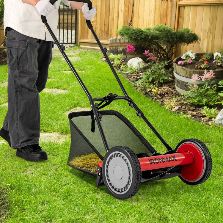 16-inch push lawn mower with 10-inch non-slip wheels, providing stability and smooth operation for effective grass.