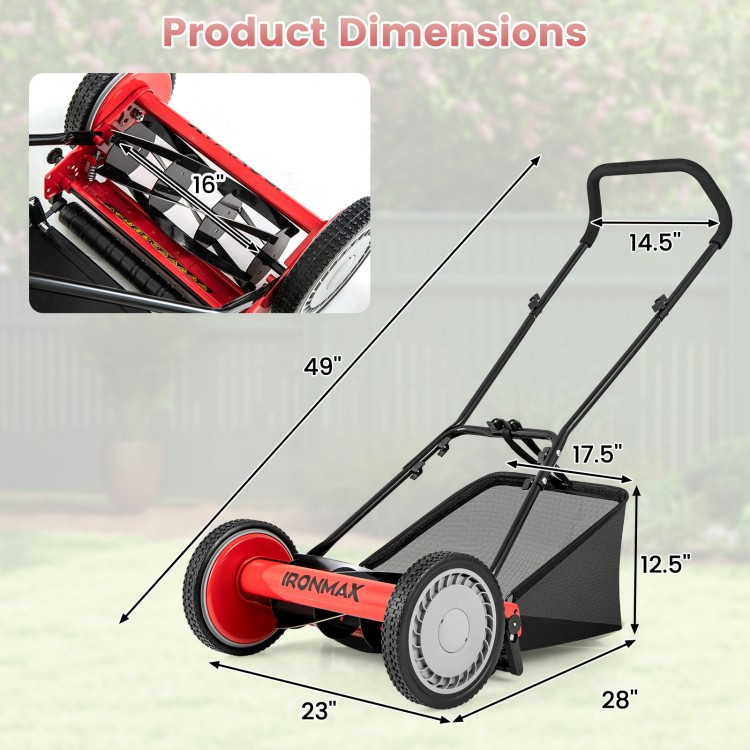 Dimensions of the 16-inch push lawn mower with 5 steel blades and grass catcher bag, ideal for efficient grass cutting.