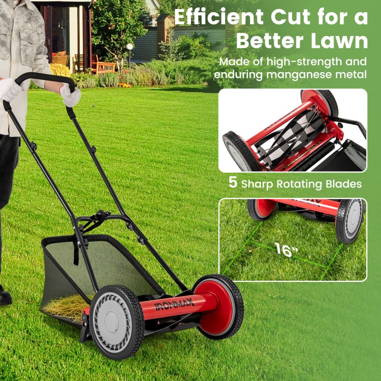 16 Inch Push Lawn Mower with 5 Steel Blades and Grass Catcher Bag - Gallery View 5 of 10