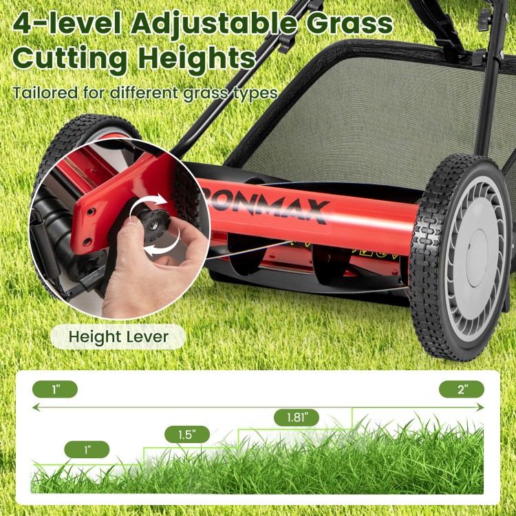 Adjustable height lever on the 16-inch push lawn mower for 4 cutting positions, designed for efficient grass cutting.