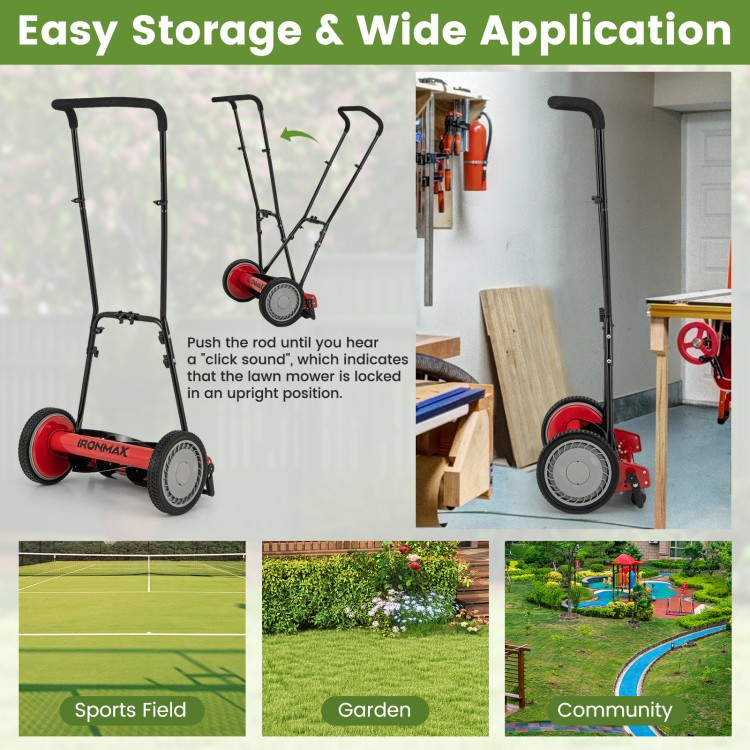 16-inch push lawn mower with 5 steel blades and detachable grass catcher bag, ideal for efficient lawn care and storage.