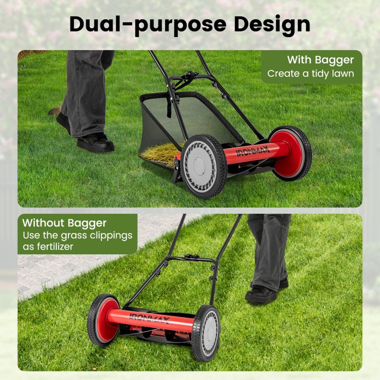 16-inch push lawn mower with 5 steel blades and detachable grass catcher bag for efficient lawn care and mulching.