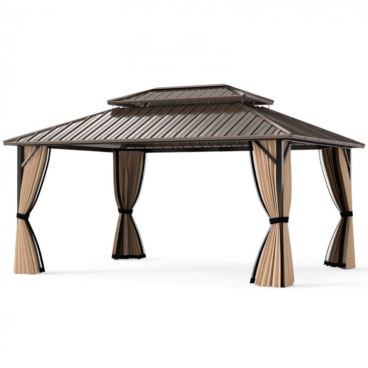 16 x 12 FT hardtop gazebo with waterproof metal roof and zippered curtains, ideal for outdoor patio and garden use.