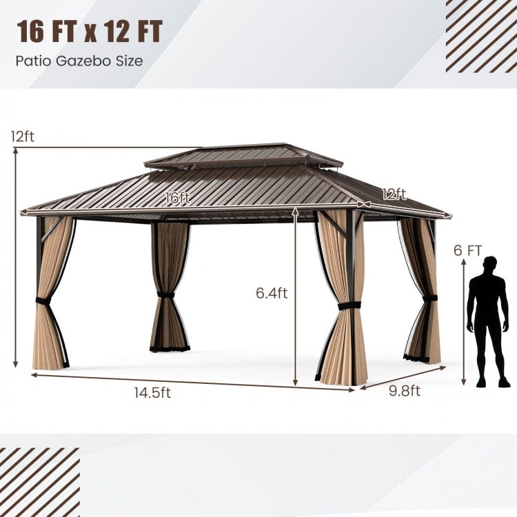 16 x 12 FT hardtop gazebo with a waterproof roof and mesh netting, ideal for outdoor patio and garden gatherings.