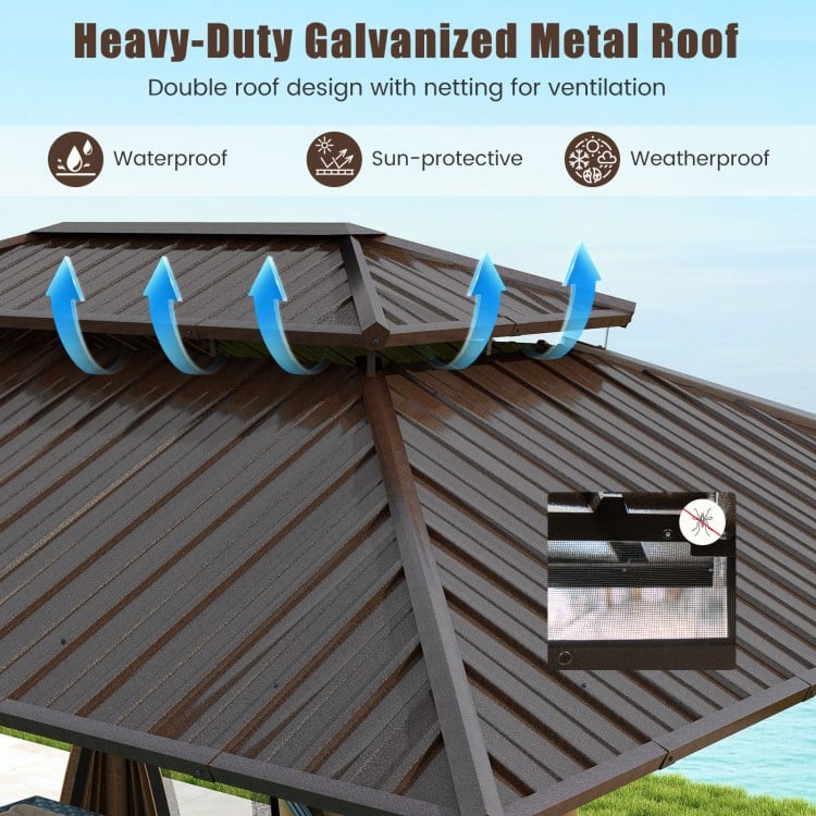Heavy-duty galvanized metal roof of a 16 x 12 FT hardtop gazebo, featuring double roof design and ventilation netting.
