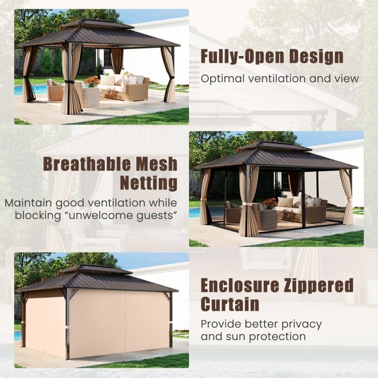 16 x 12 FT hardtop gazebo with double roof design, mesh netting, and zippered curtains for outdoor patio privacy.
