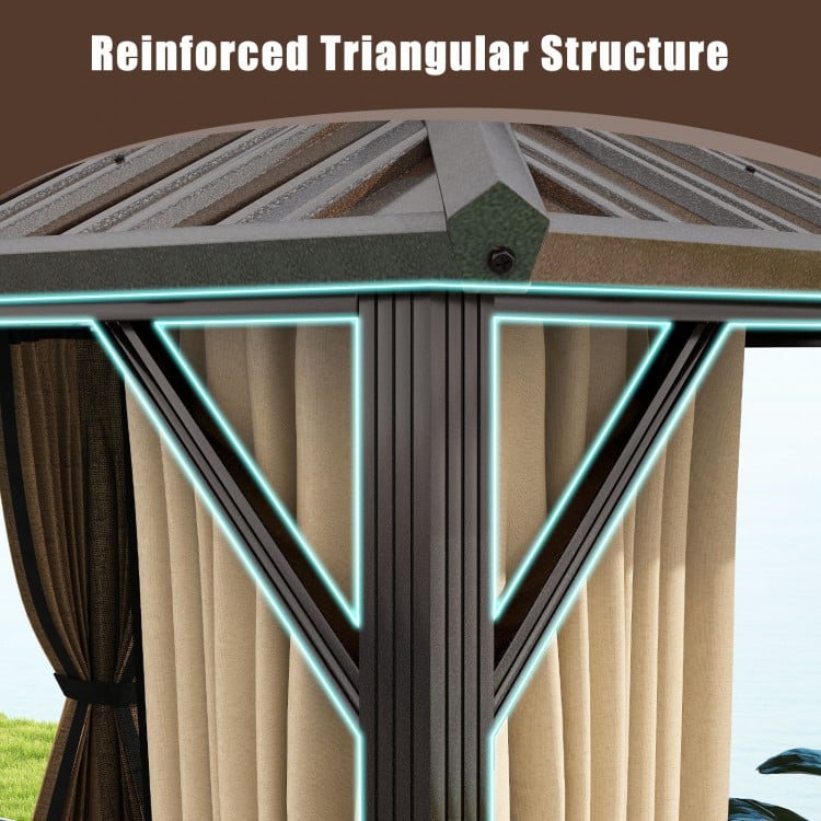 Reinforced triangular structure of the 16 x 12 FT hardtop gazebo, showcasing its sturdy aluminum frame for outdoor use.