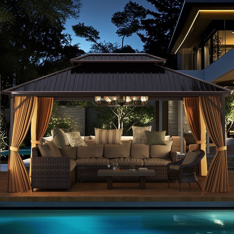 Spacious 16x12FT hardtop gazebo with aluminum frame, curtains, and netting, ideal for outdoor relaxation by the pool.