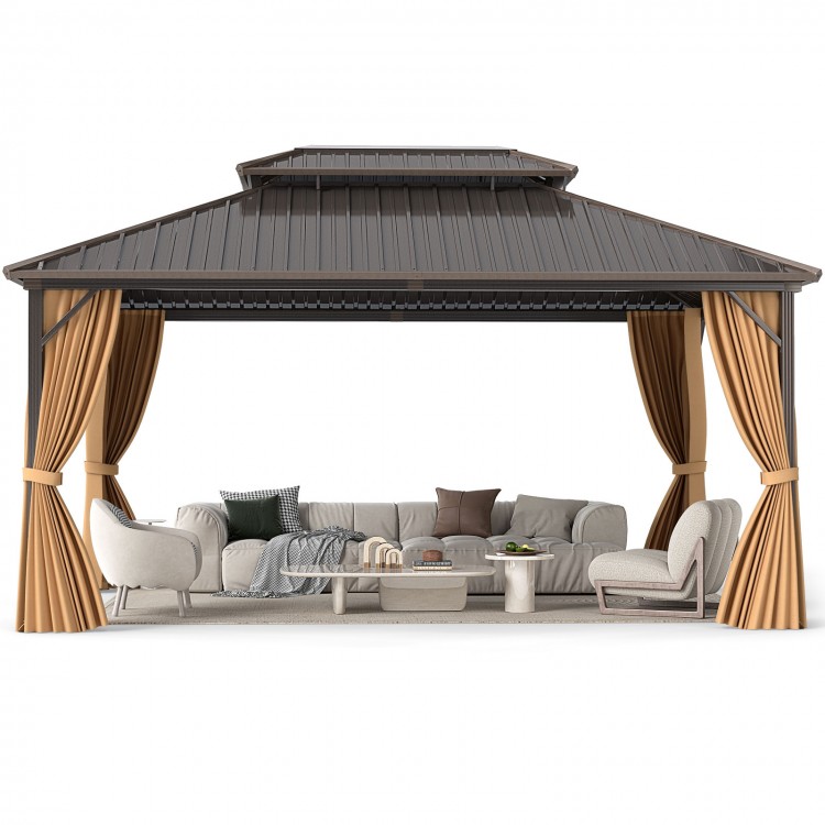 Spacious 16x12FT hardtop gazebo with aluminum frame, curtains, and netting for outdoor relaxation and protection.