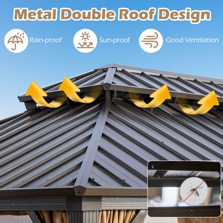Double roof design of the 16x12FT hardtop gazebo in coffee color, featuring ventilation and rain-proof capabilities.