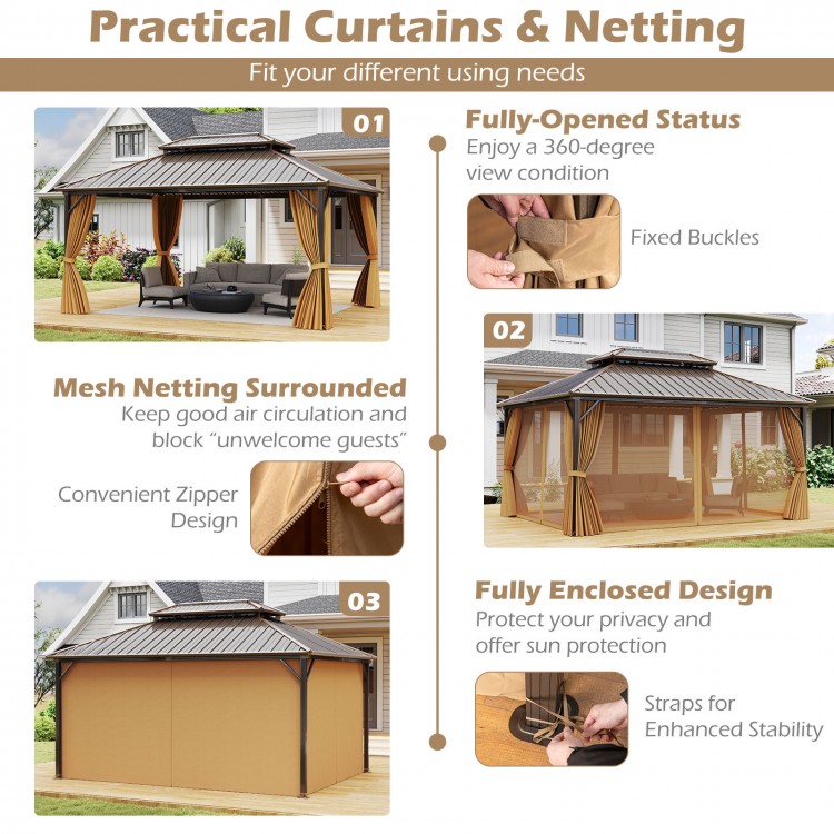 16x12 feet hardtop gazebo with coffee curtains and mesh netting, featuring a durable aluminum frame for outdoor.