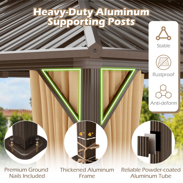 Heavy-duty aluminum frame of the 16x12FT gazebo with curtains and netting, ensuring stability and weather resistance.