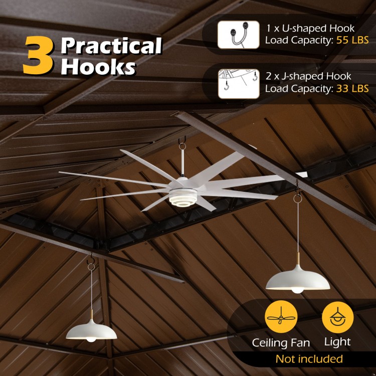 Ceiling fan and light hooks in a 16x12FT hardtop gazebo with aluminum frame, ideal for outdoor gatherings.