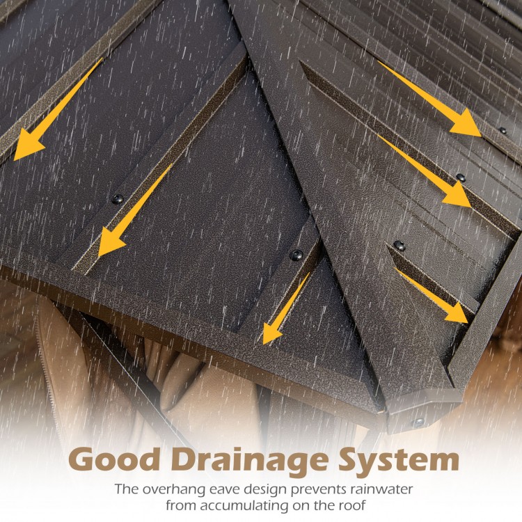 Close-up of the hardtop gazebo's roof showing the good drainage system to prevent rainwater accumulation.