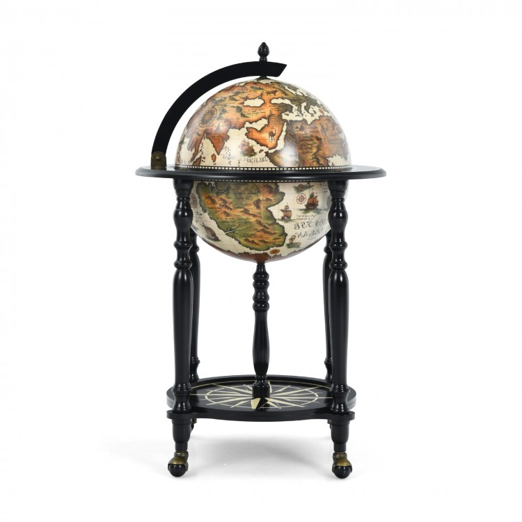 Nautical chart wine cabinet with wheels, featuring a unique earth shape design and solid wood legs for stability.