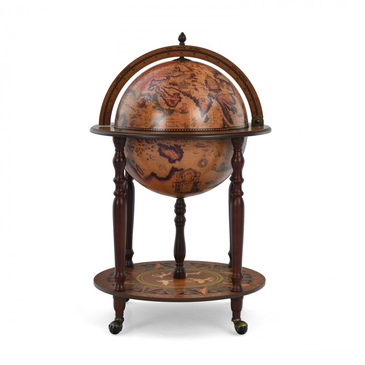 Globe wine cabinet with vintage map design, sturdy MDF and wood legs, features wheels for easy movement and ample.