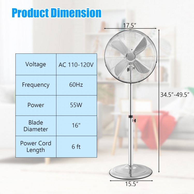 16-inch oscillating pedestal fan with adjustable height, 3 speeds, and heavy-duty metal construction for home use.