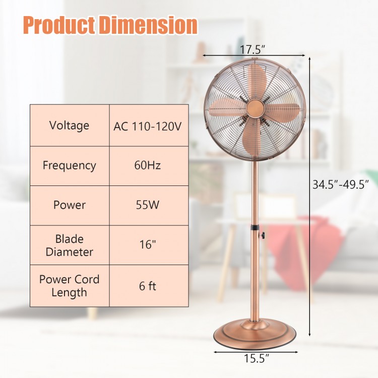 16-inch oscillating pedestal fan in copper with adjustable height, 3 speeds, and 75° oscillation for optimal airflow.