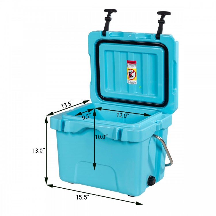 Portable blue ice cooler with 16 quart capacity, reinforced latches, and 2 cup holders, ideal for outdoor activities.