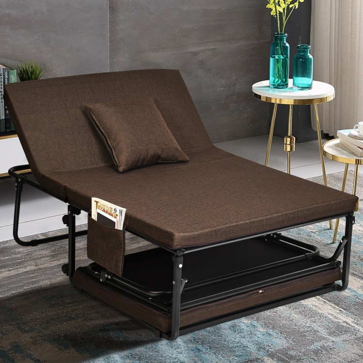 Folding guest sleeper bed in brown with adjustable backrest, removable linen cover, and side pocket for convenience.