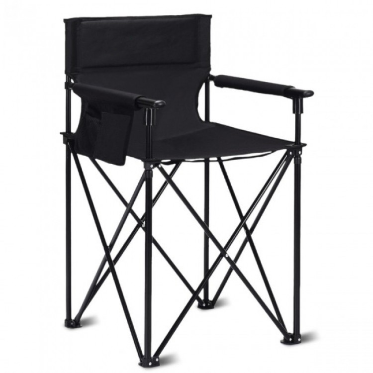 Portable 38-inch oversized black camping chair with detachable armrests, cup holder, and storage pockets for outdoor.