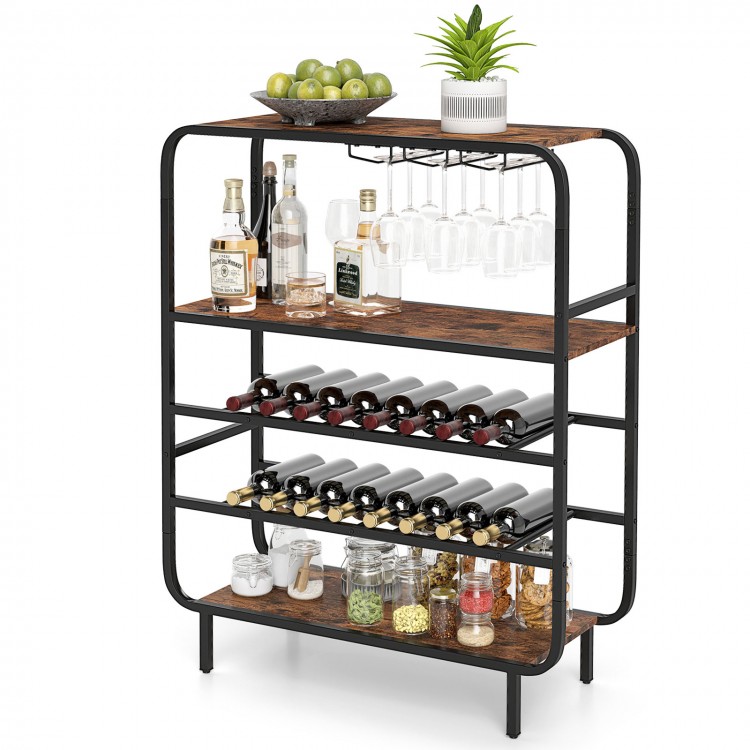 Rustic brown wine rack with adjustable footpads, showcasing 5 tiers for 16 bottles and glass holders, perfect for home.