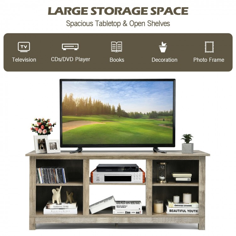 58" gray TV stand with spacious tabletop and 6 open shelves, perfect for living room or bedroom storage and decor.