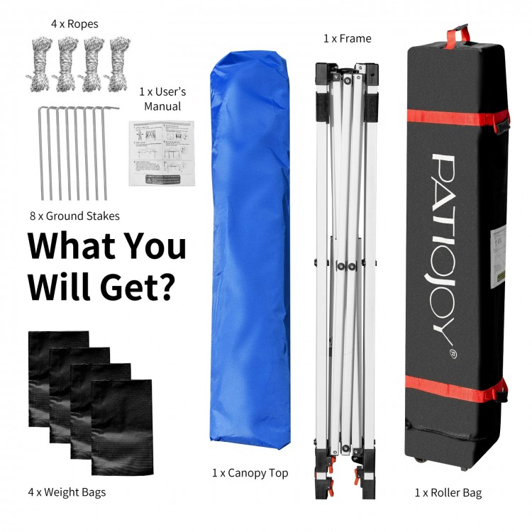 Pop up height adjustable canopy tent with blue canopy top, roller bag, ground stakes, and weight bags for outdoor use.