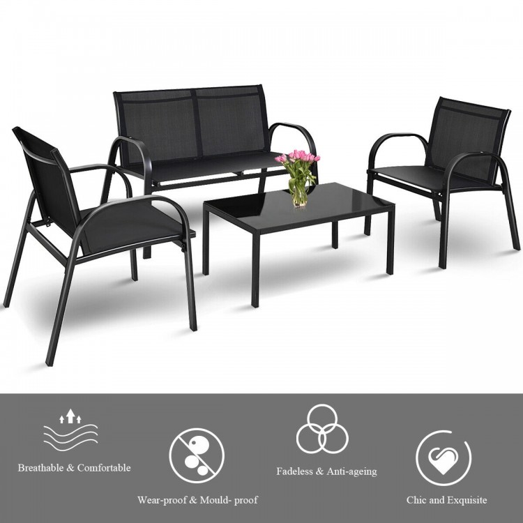 4-piece black patio furniture set featuring a loveseat, 2 single sofas, and a glass top tea table for outdoor comfort.