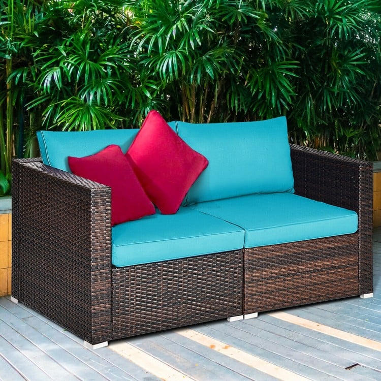 Blue 2PCS patio rattan sectional sofa set with thick cushions and sturdy steel frame, perfect for outdoor relaxation.
