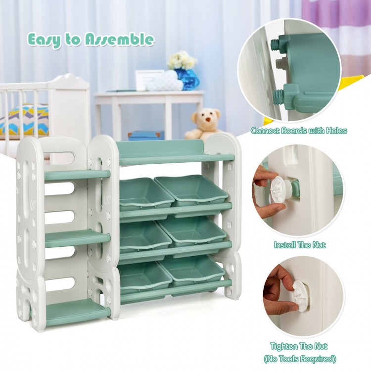 Kids toy storage organizer with green bins and multi-layer shelf, perfect for keeping playrooms tidy and accessible.