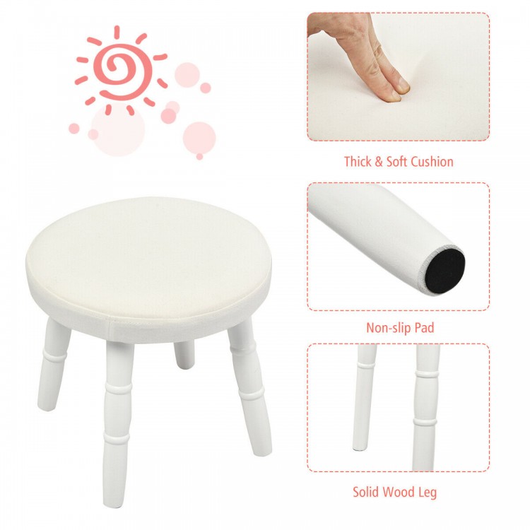 Round white makeup stool with thick cushion and solid wood legs, featuring non-slip pads for stability and safety.