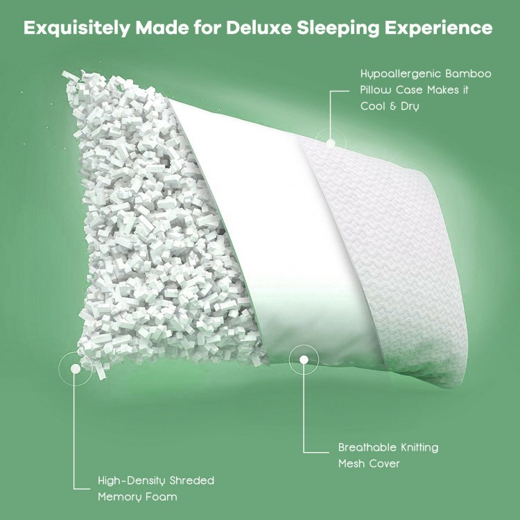 Shredded memory foam bed pillow with breathable bamboo cover, 28x18 inches, designed for cool and comfortable sleep.