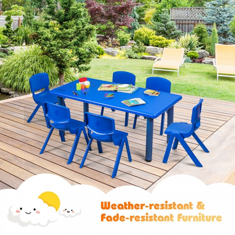 Blue kids plastic rectangular learn and play table with six chairs, weather-resistant for indoor and outdoor use.