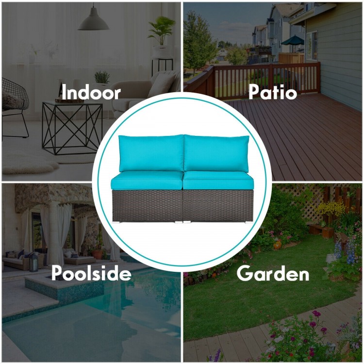 Armless patio sofa set in blue with cushions, perfect for outdoor spaces like garden, poolside, or patio relaxation.