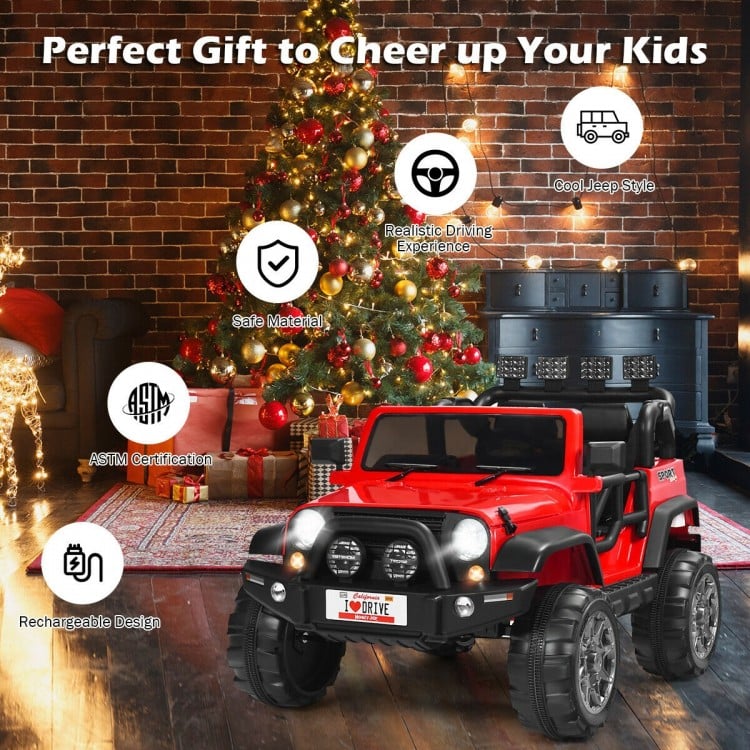 Red 12V 2-seater ride-on car with remote control, storage box, and LED lights for fun outdoor adventures.