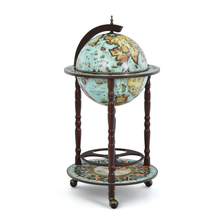 Globe wine bar stand with intricate nautical chart design, sturdy MDF and beech wood construction, perfect for stylish.