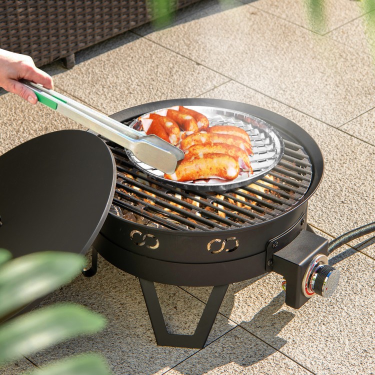 Portable 17-inch gas fire pit with grill, stainless steel burner, and folding legs, ideal for camping and outdoor.