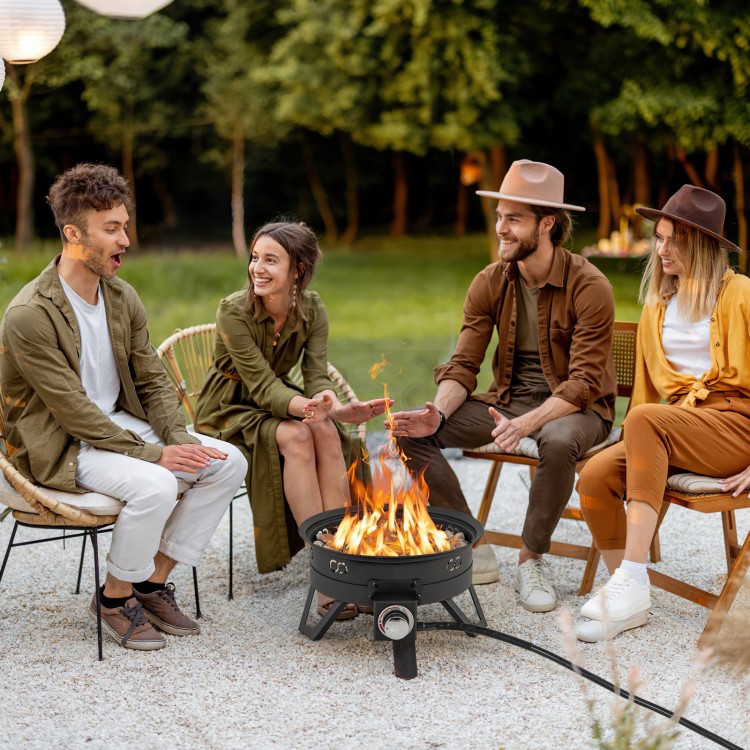 Portable 17-inch gas fire pit with folding legs, providing 58,000 BTU heat for camping and outdoor gatherings.