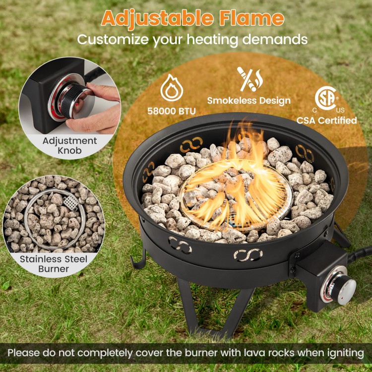 17-inch portable gas fire pit with adjustable flame, stainless steel burner, and folding legs for camping and outdoor.