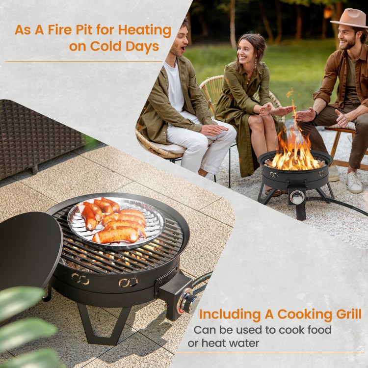 Portable 17-inch gas fire pit with removable grill, stainless steel burner, ideal for camping and outdoor cooking.